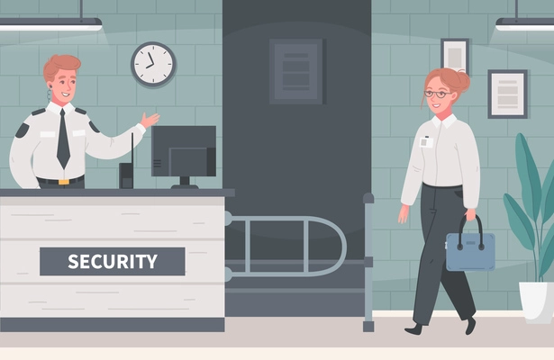 Security guard agency service cartoon composition with indoor scenery and human characters of coworkers at gate vector illustration