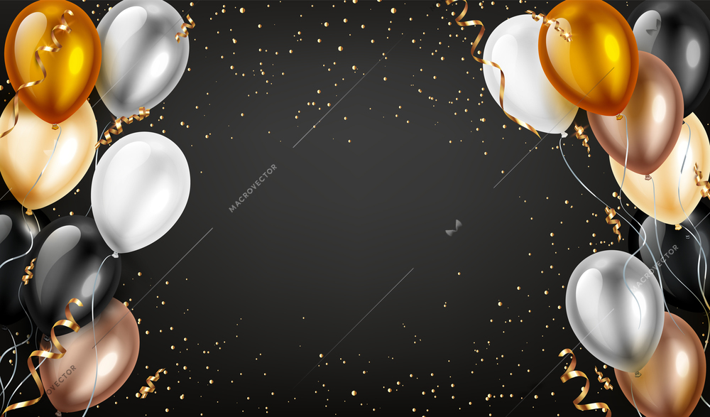 Colorful balloons realistic composition with black background and empty space surrounded by flying confetti and balloons vector illustration