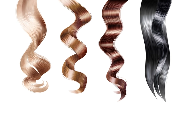 Strand of hair realistic set with isolated images of female hair twirls with different dye applied vector illustration