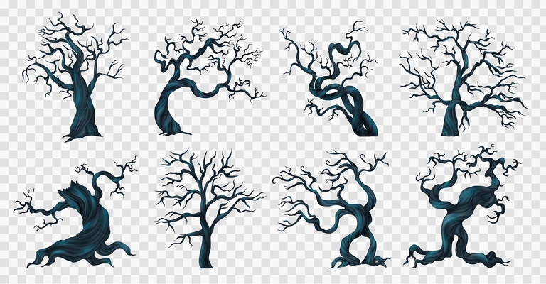 Spooky trees transparent set with scary nightmare symbols realistic isolated vector illustration