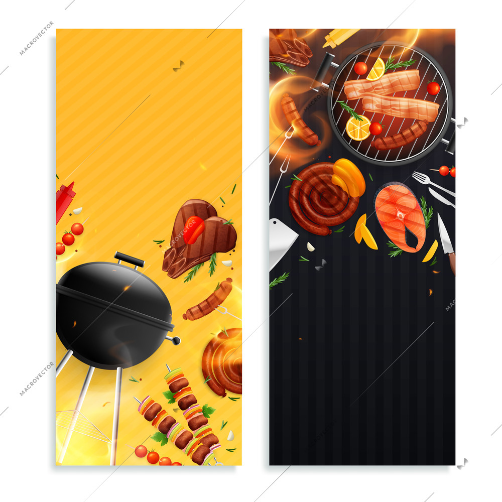 Set of two bbq grill party vertical banners with images of outdoor grill meat and fish vector illustration