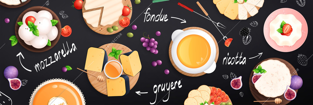 Cheese flat background with composition of top view images with dishes berries and chalkboard text captions vector illustration