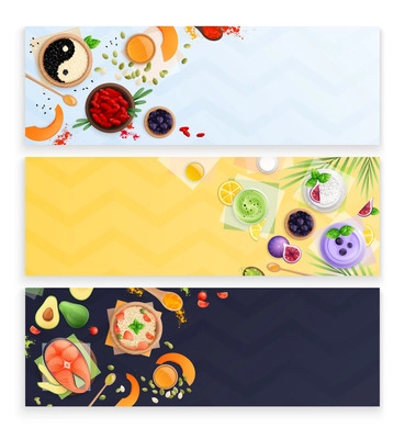 Set of three superfood horizontal banners with flat images of dishes with berries vegetables and fish vector illustration
