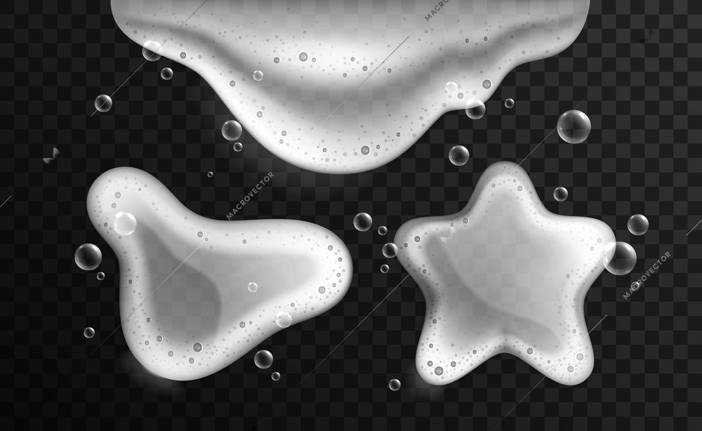 Soap blots realistic set with isolated images of foam spots of various shape with transparent bubbles vector illustration