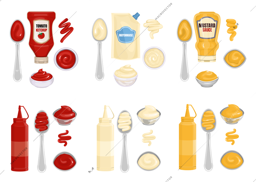 Sauce packaging spoon spilled strips bowl composition with six isolated compositions of dishware and ready meal vector illustration