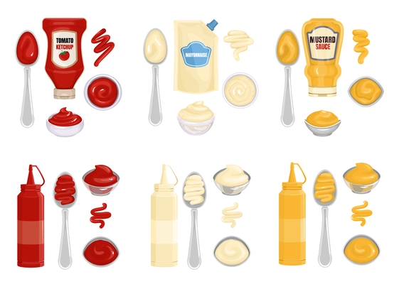 Sauce packaging spoon spilled strips bowl composition with six isolated compositions of dishware and ready meal vector illustration