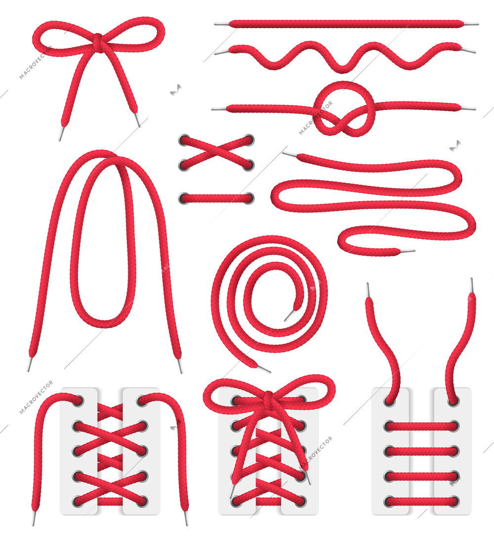 Red shoelaces spiral curly coiled wavy realistic set with shoes corset lacing patterns on white vector illustration