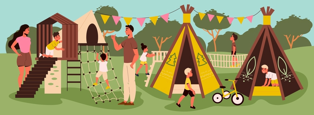 Children and parents playing on playground with tents and climbing frames in summer flat vector illustration