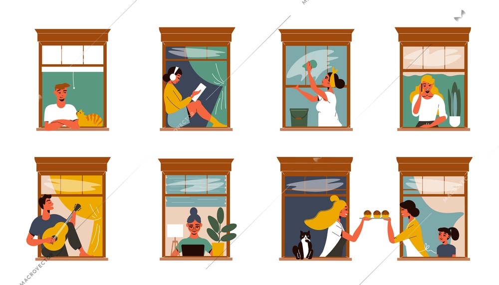 Flat set with neighbours in open window frames relaxing reading giving cakes working cleaning talking on phone playing guitar isolated vector illustration