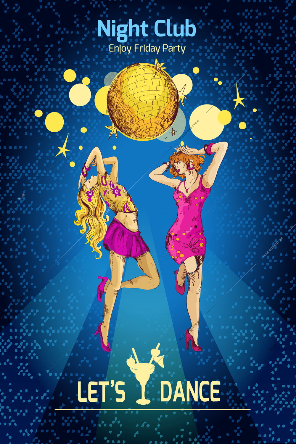 Disco party night club colored sketch poster with young sexy dancing girls vector illustration