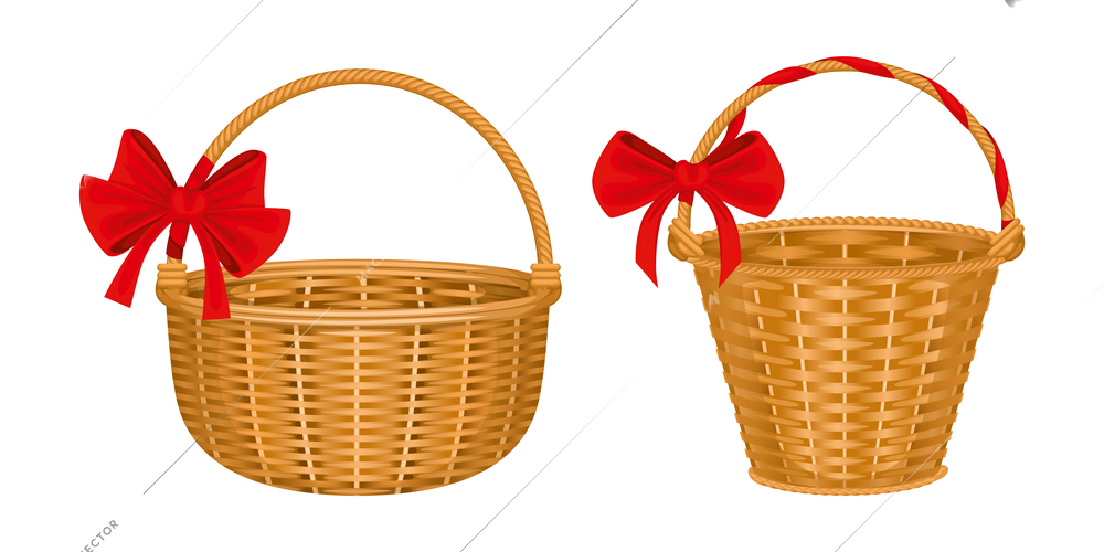 Wicker basket set with two isolated images of baskets with red bows handles and wooden texture vector illustration