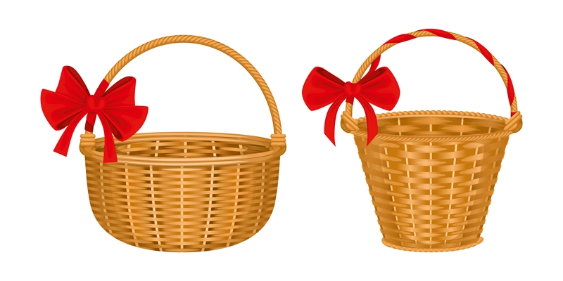 Wicker basket set with two isolated images of baskets with red bows handles and wooden texture vector illustration