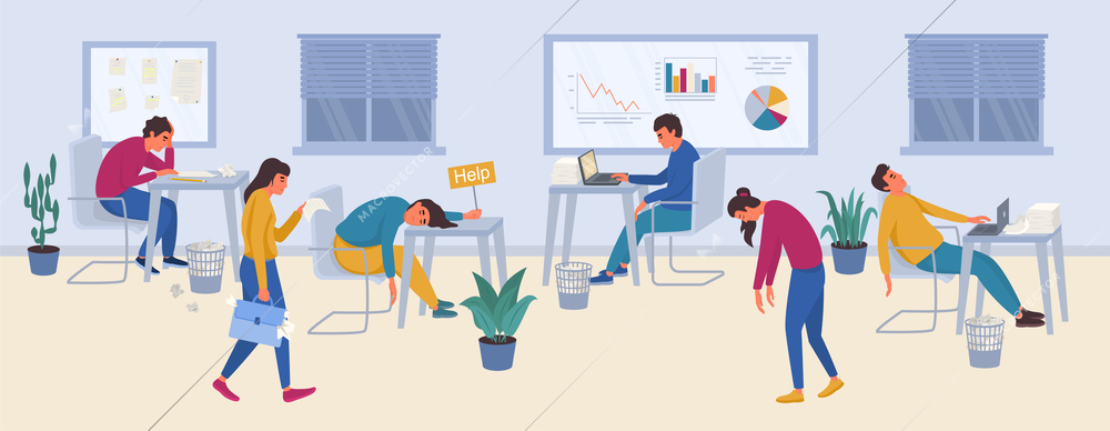 Professional burnout syndrome horizontal background with tired employees sleeping at their office workplaces vector illustration