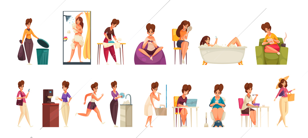 Daily woman routine cartoon set of female characters taking bath brushing teeth having breakfast washing dishes isolated vector illustration