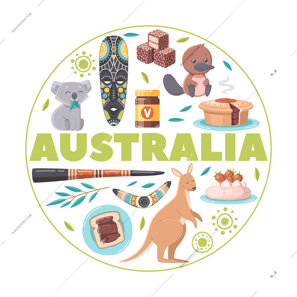 Australia round background with koala ancient wooden mask didjeridoo boomerang vegemite national sweet pastry cartoon flat vector illustration icons