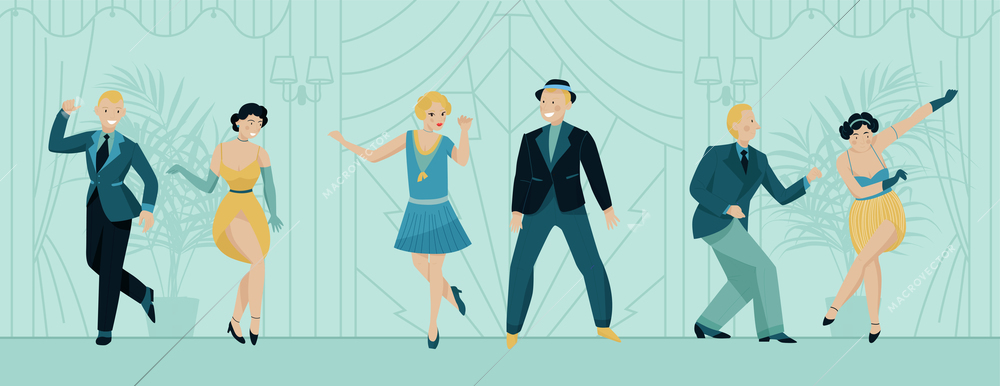 Retro twenties background with dancing people symbols flat vector illustration