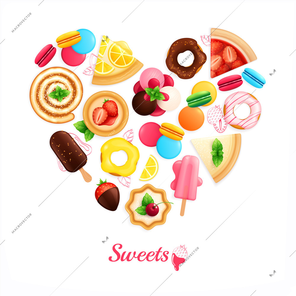 Desserts sweets cafe confectionary heart shaped advertising composition with ice cream chocolate covered strawberries doughnuts vector illustration