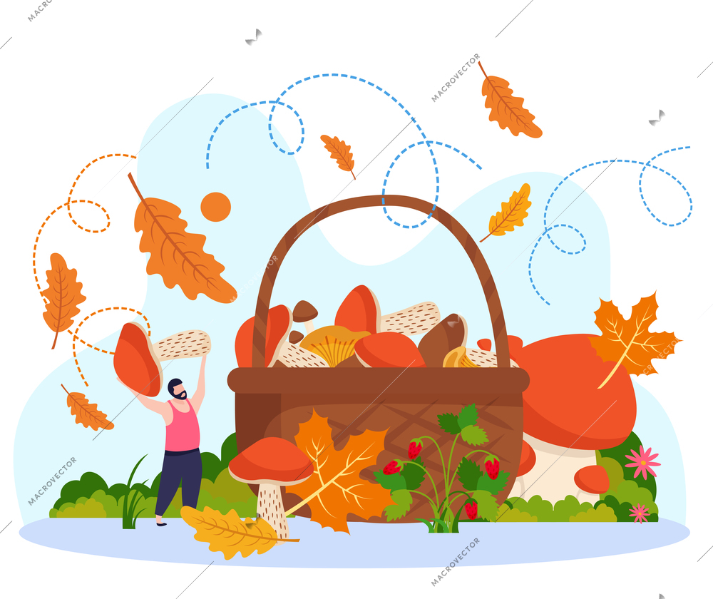 Autumn mushrooms concept with season food symbols flat vector illustration