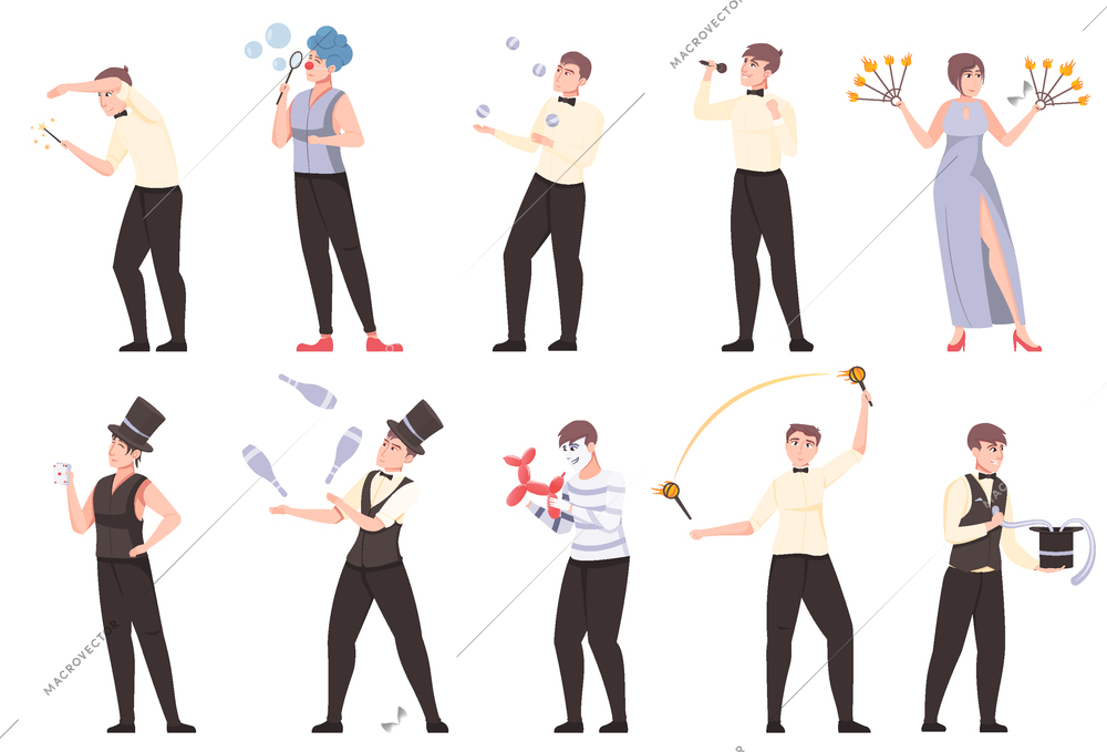 Entertainment show flat set of artist magician clown juggler and Fire show performer characters isolated vector illustration