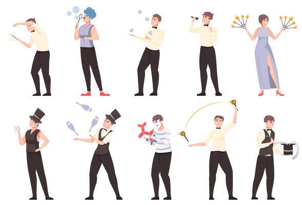 Entertainment show flat set of artist magician clown juggler and Fire show performer characters isolated vector illustration