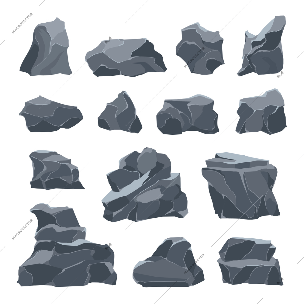 Rock stone set of isolated icons with images of cliff pieces of different shape and fracture vector illustration