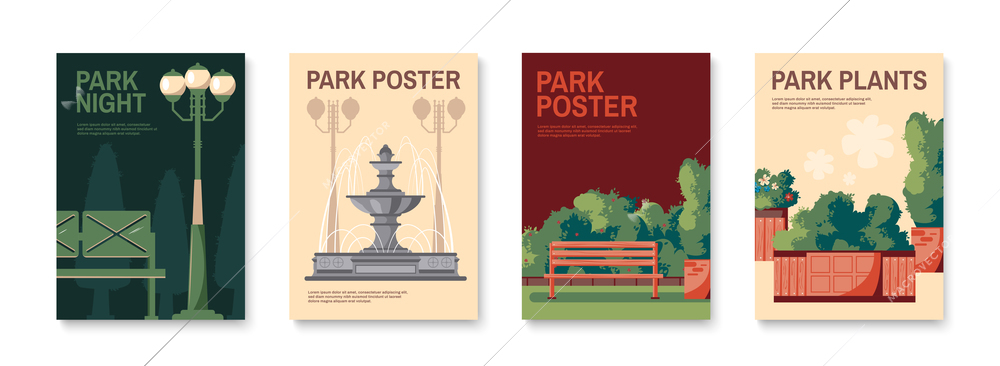 Four retro park posters set with traditional elements day night lanterns topiary bushes planters fountain vector illustration