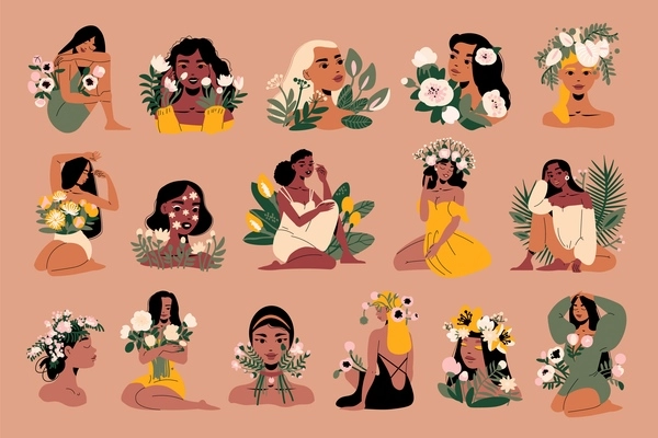 Set of color isolated images of beautiful women enjoying a variety of flowers flat vector illustration