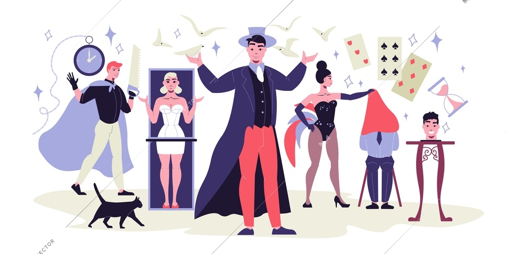 Flat composition with magic show actors magicians assistants wearing stage costumes and equipment for performance vector illustration