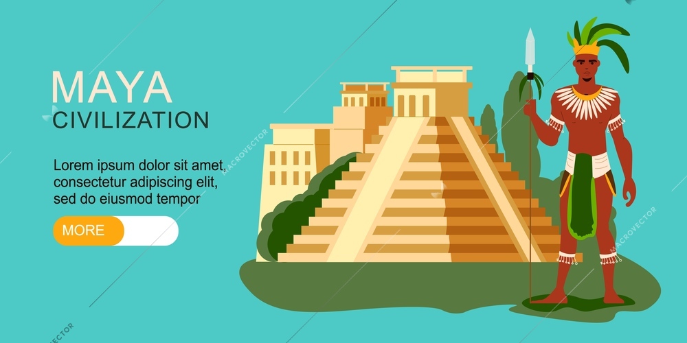 Maya civilization horizontal banner with ancient mayan pyramid warrior and editable text on color background flat vector illustration