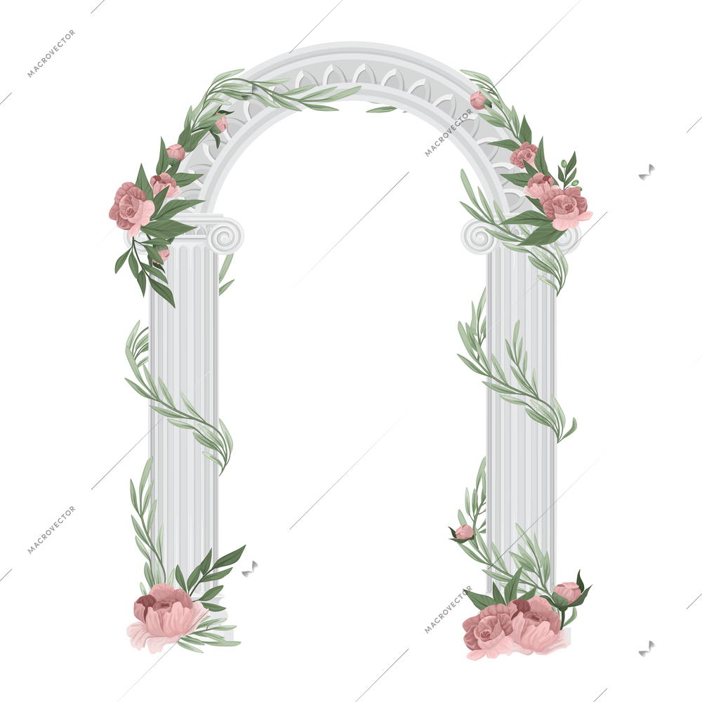 Antique greek columns arch composition beautiful white stone archway studded with flowers and vines vector illustration