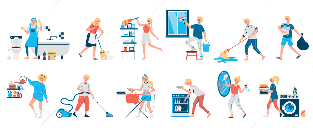 Set of isolated images of cleaning the apartment in which the girl washes the bathroom and sweeps vector illustration