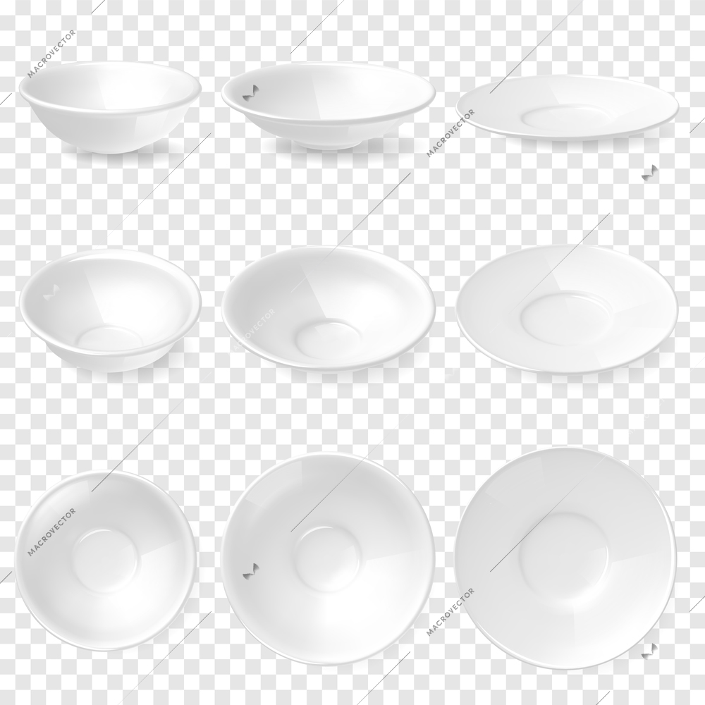 Realistic set depicting white tureen plates and dishes in three projections on a transparent background isolated vector illustration