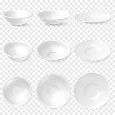 Realistic set depicting white tureen plates and dishes in three projections on a transparent background isolated vector illustration