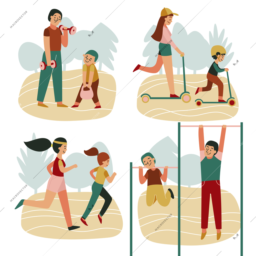 Family fitness set of three compositions with outdoor sceneries and characters of parents practicing with children vector illustration