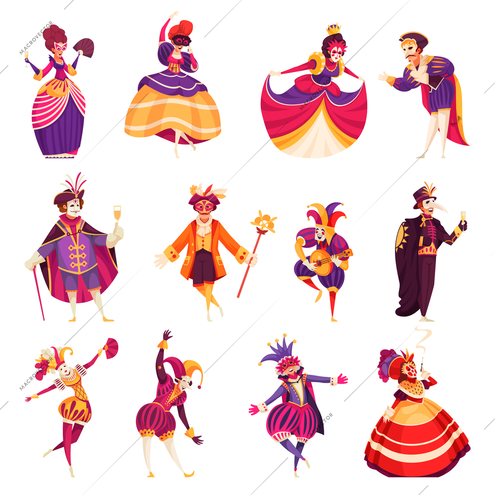 Cartoon venetian carnival set with people dancing in costumes wearing traditional masks isolated vector illustration