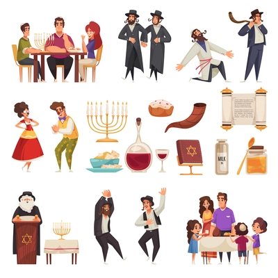 Jewish holiday cartoon icons set with happy people and various items of hanukkah celebration isolated vector illustration