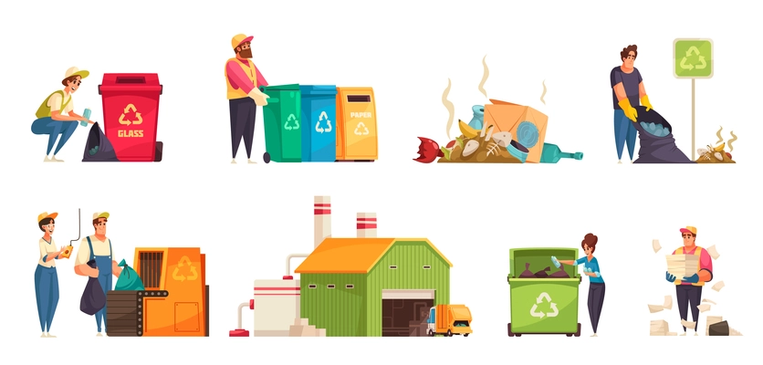 Collecting sorting recycling garbage cartoon compositions set with human characters plant building dumpsters isolated vector illustration