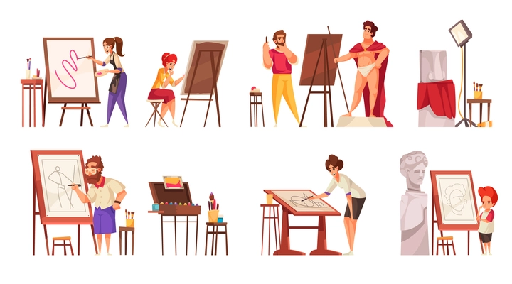 Set of cartoon compositions with artists of different ages painting in art studio isolated vector illustration