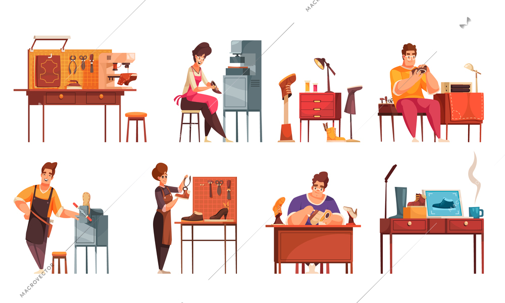 Cartoon set of compositions with shoemakers repairing shoes and equipment for workshop interior isolated vector illustration