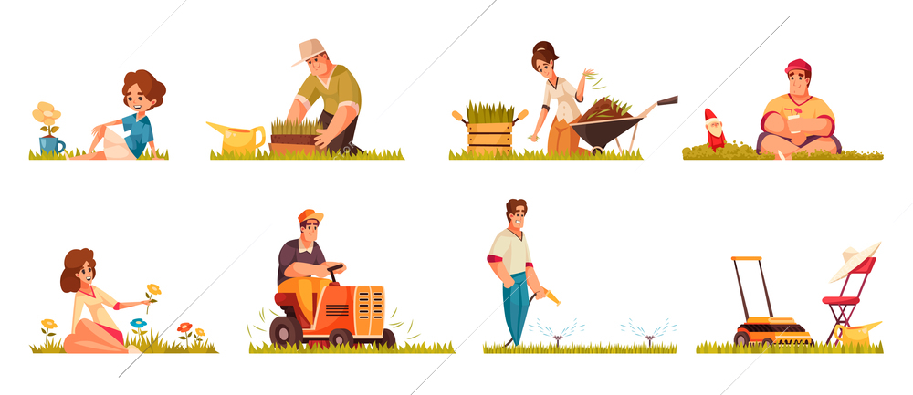 People planting cleaning mowing watering lawn sitting on green grass with flowers cartoon compositions set isolated vector illustration