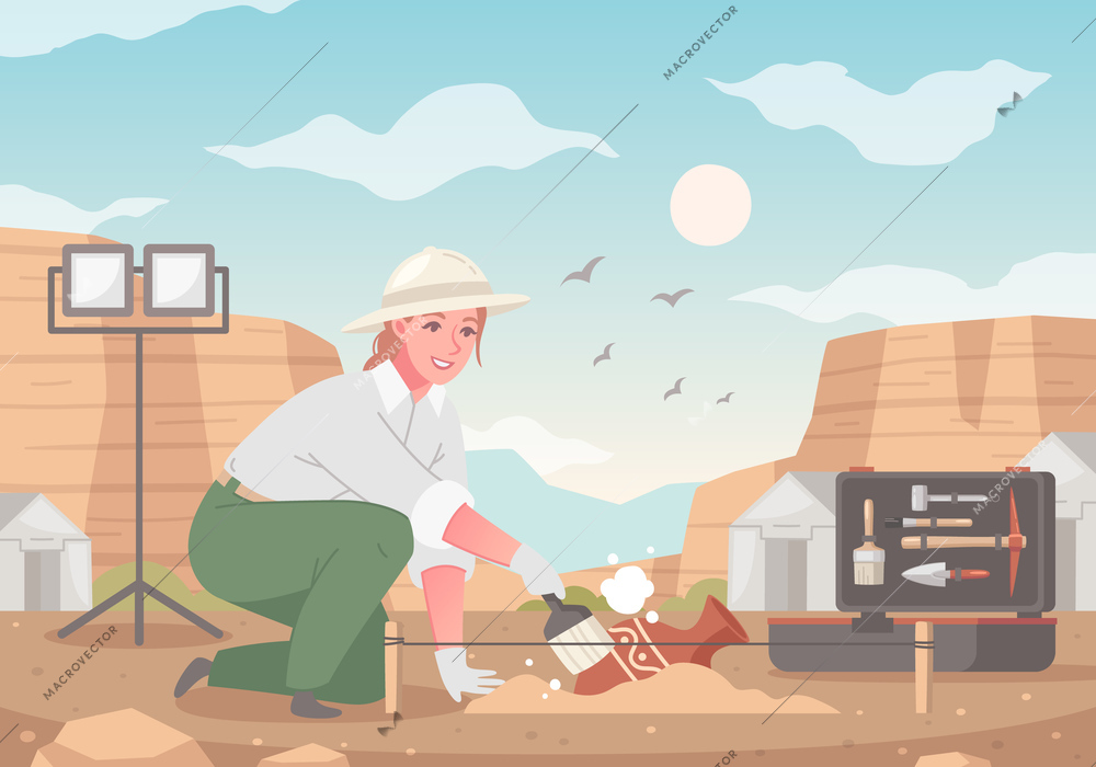 Archaeology cartoon composition with view of archaeological site equipment and female worker just found ancient vase vector illustration