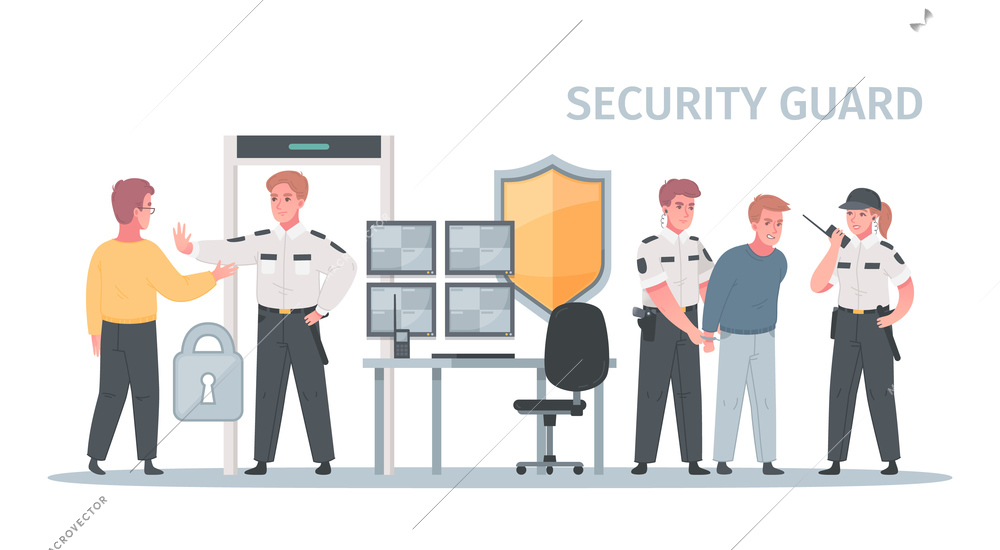 Security guard agency service cartoon composition with view of prohibition of entry and arrest of trespasser vector illustration