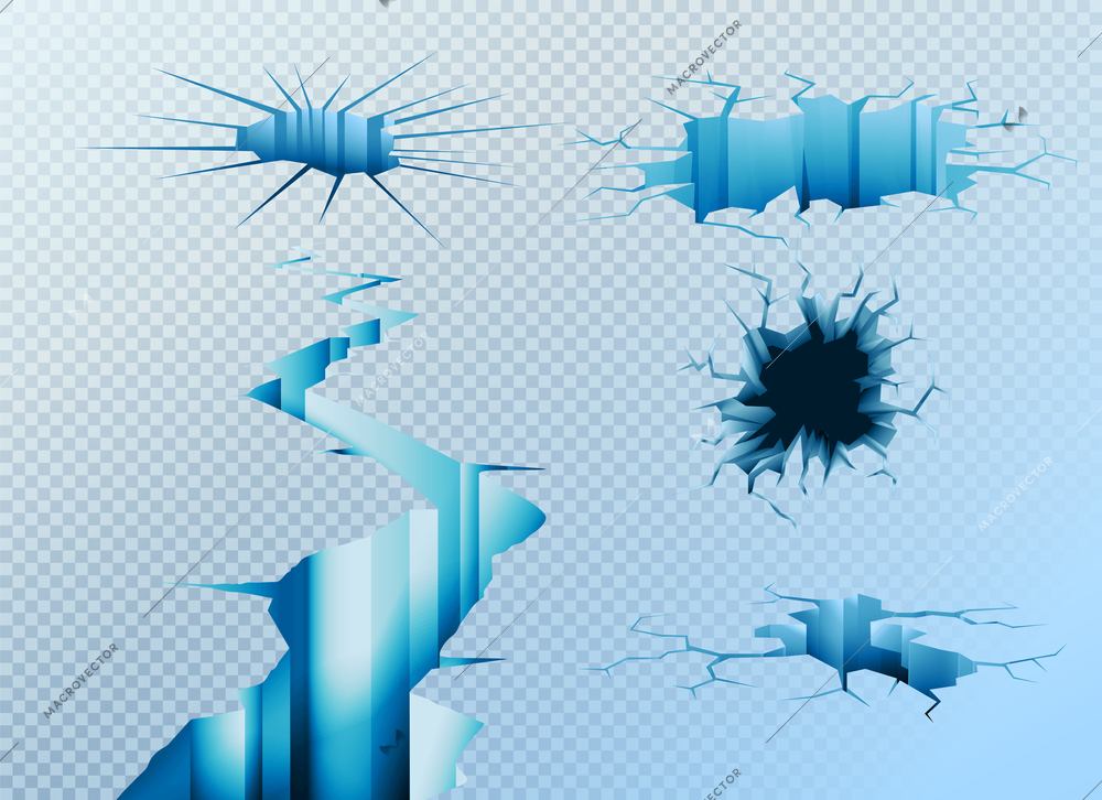 Ice cracks realistic set with isolated images of different holes in ice canopy on transparent background vector illustration