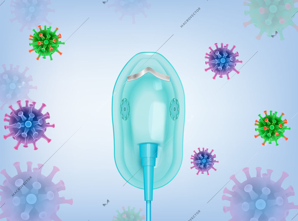 Oxygen mask covid realistic composition with images of colorful coronavirus bacteria and face mask with pipe vector illustration