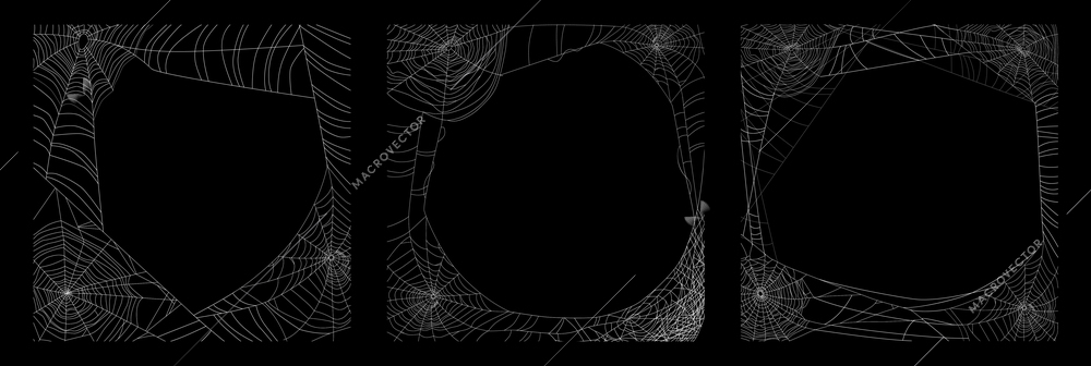 Realistic set of three creepy spider cobweb frames isolated on black background vector illustration