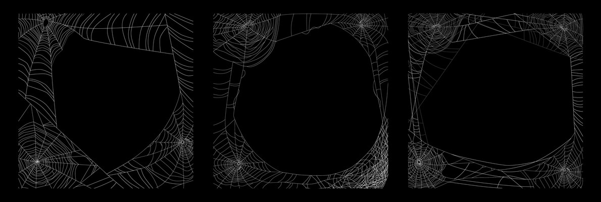 Realistic set of three creepy spider cobweb frames isolated on black background vector illustration