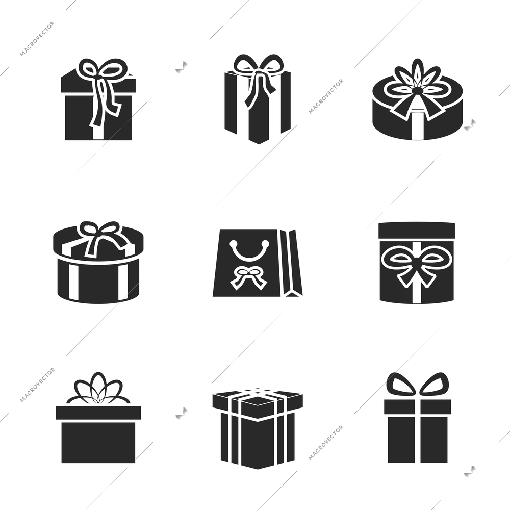 Gift boxes icons set with different ribbons and bows isolated vector illustration