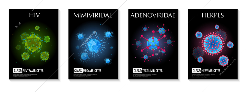 Realistic set of four posters with various classes of viruses on dark background isolated vector illustration