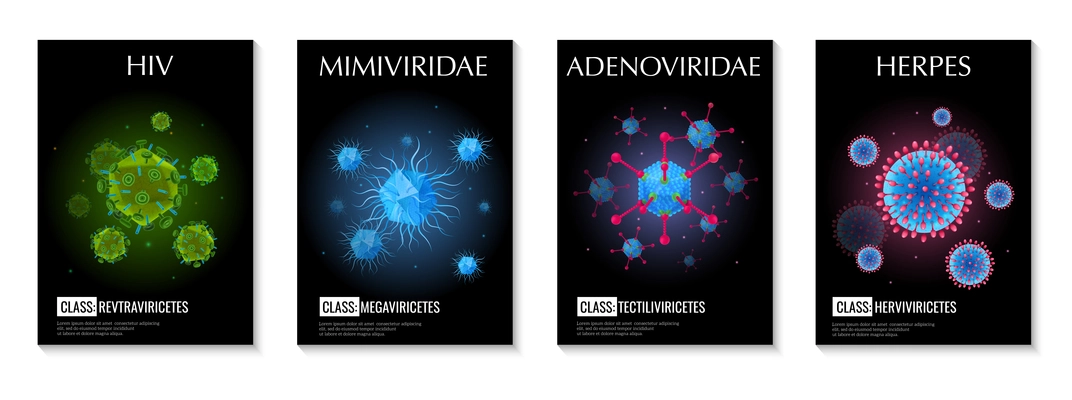 Realistic set of four posters with various classes of viruses on dark background isolated vector illustration