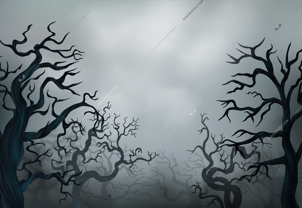 Halloween leafless trees silhouettes with spooky dry branches in fog on background with grey sky realistic vector illustration